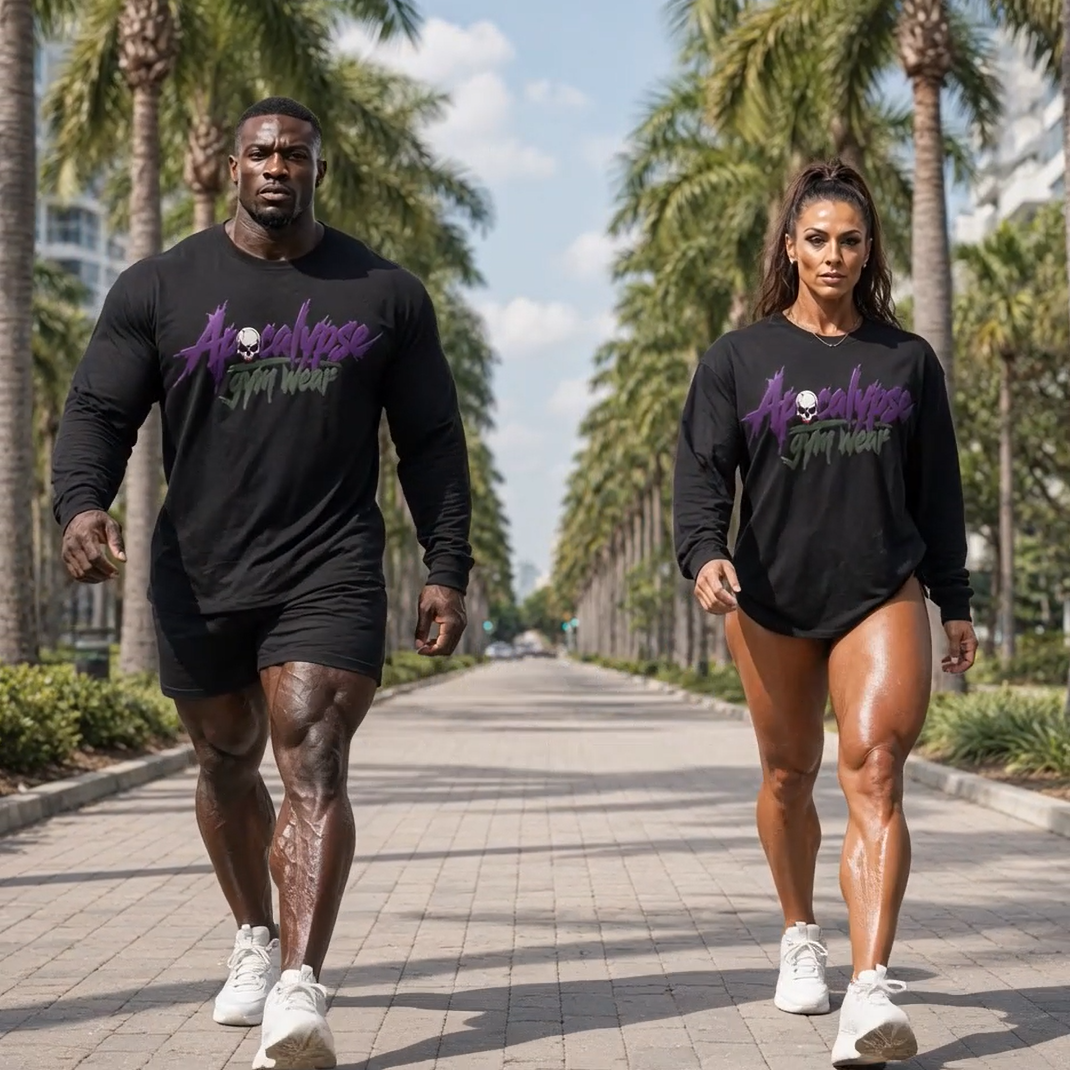 Male and female fitness models wearing Apocalypse Gym Wear The Jokes On You black long sleeve shirts outdoors.