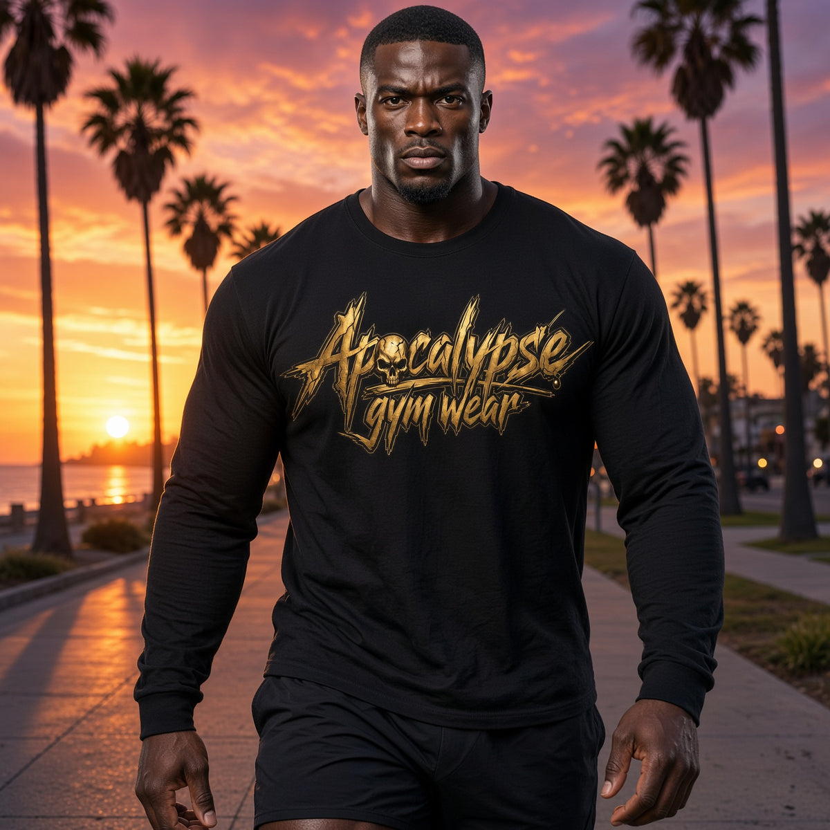 Male fitness model wearing Apocalypse Gym Wear Tarnished Gold Chisel long sleeve shirt walking outdoors along a palm tree walkway during sunset.