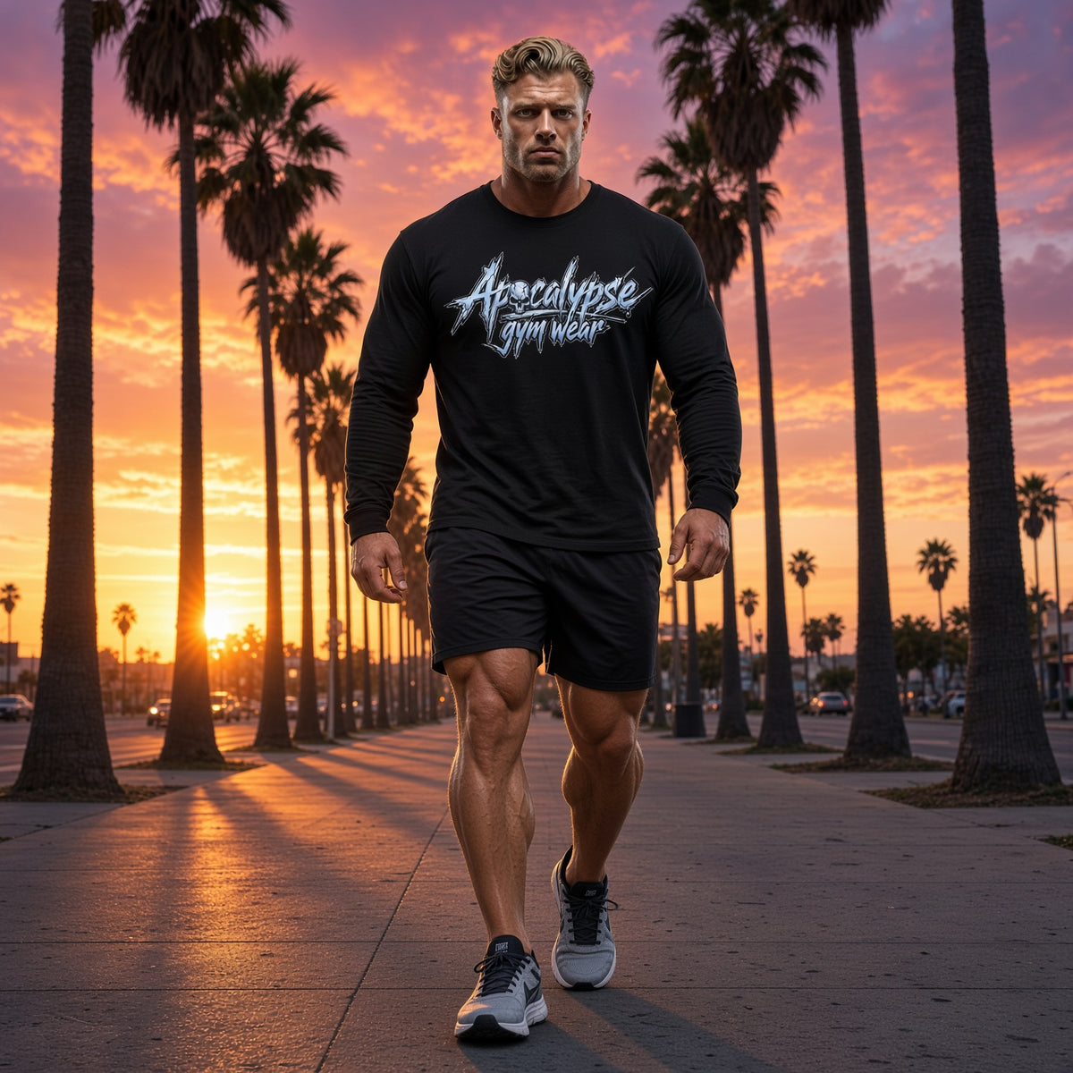 Male fitness athlete wearing Apocalypse Gym Wear Lunar Steel Chisel black long sleeve shirt walking outdoors along a palm tree path during sunset.