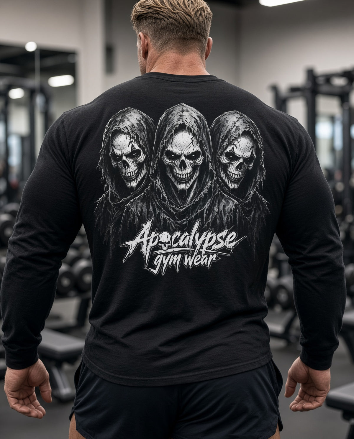 Male bodybuilder wearing Apocalypse Gym Wear Asylum Three Skulls black long sleeve pump cover displaying the oversized back graphic in a gym environment.