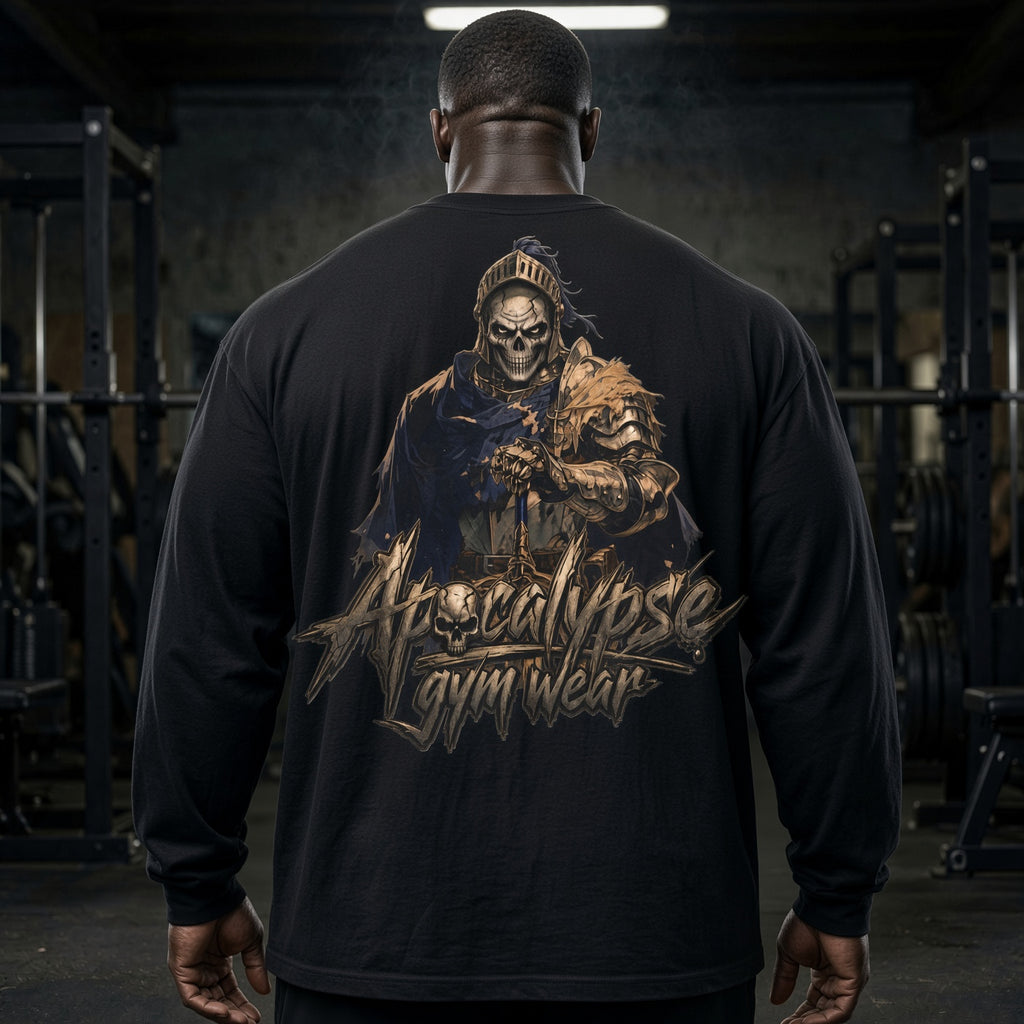 Apocalypse Gym Wear Undead Knight black long sleeve t-shirt back view worn in gym setting showcasing the full back knight print.
