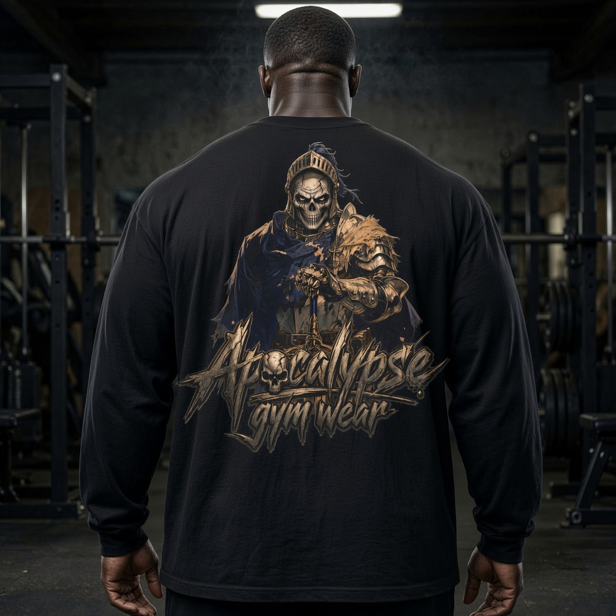 Apocalypse Gym Wear Undead Knight black long sleeve t-shirt back view worn in gym setting showcasing the full back knight print.