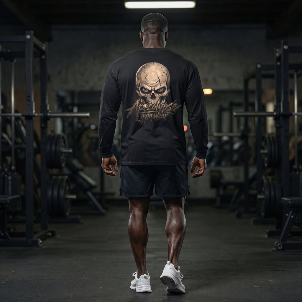 Model Back View: Apocalypse Gym Wear Bone Skull black long sleeve t-shirt back view worn in gym setting showcasing the full back bone skull graphic.