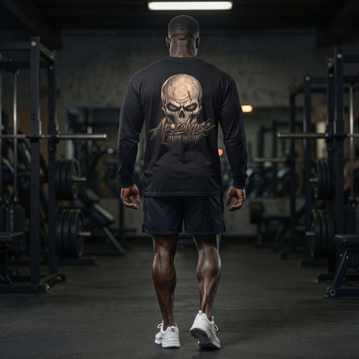 Model Back View: Apocalypse Gym Wear Bone Skull black long sleeve t-shirt back view worn in gym setting showcasing the full back bone skull graphic.