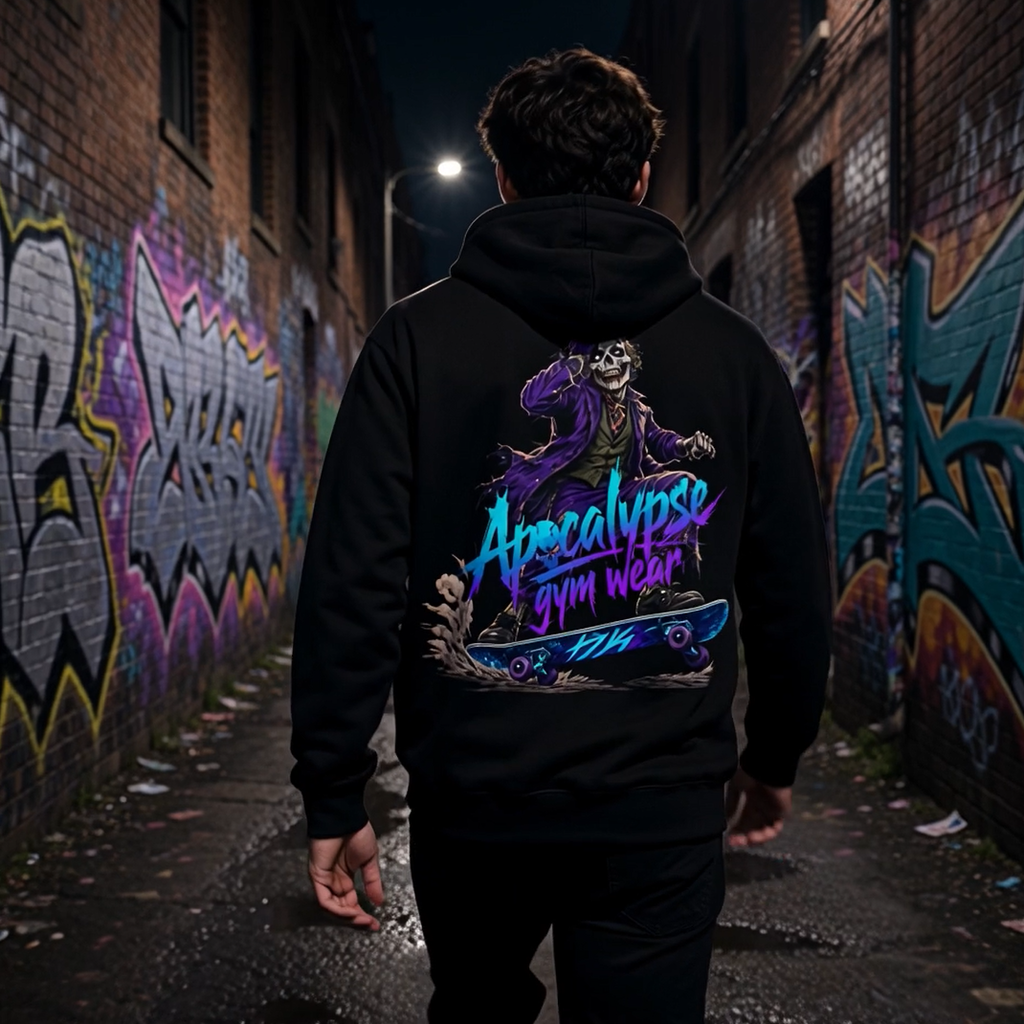 Apocalypse Gym Wear Psychotic Clown black pullover hoodie back view worn in gym setting showcasing full back psychotic clown graphic.