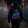 Apocalypse Gym Wear Psychotic Clown black pullover hoodie back view worn in gym setting showcasing full back psychotic clown graphic.