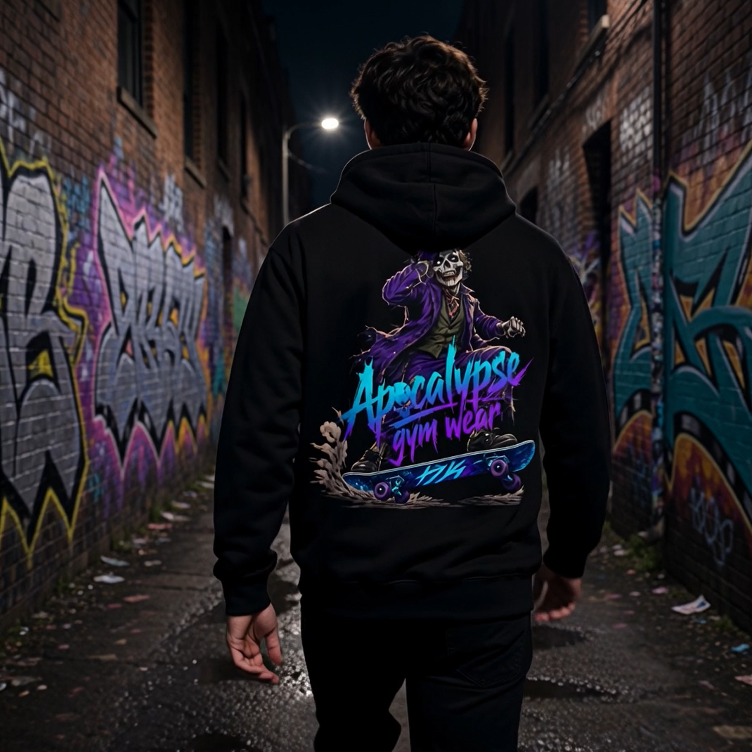 Apocalypse Gym Wear Psychotic Clown black pullover hoodie back view worn in gym setting showcasing full back psychotic clown graphic.