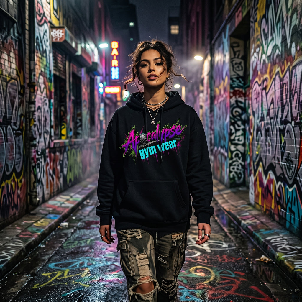 Apocalypse Gym Wear Toxic Slime black pullover hoodie front view worn by female model in graffiti alleyway setting.