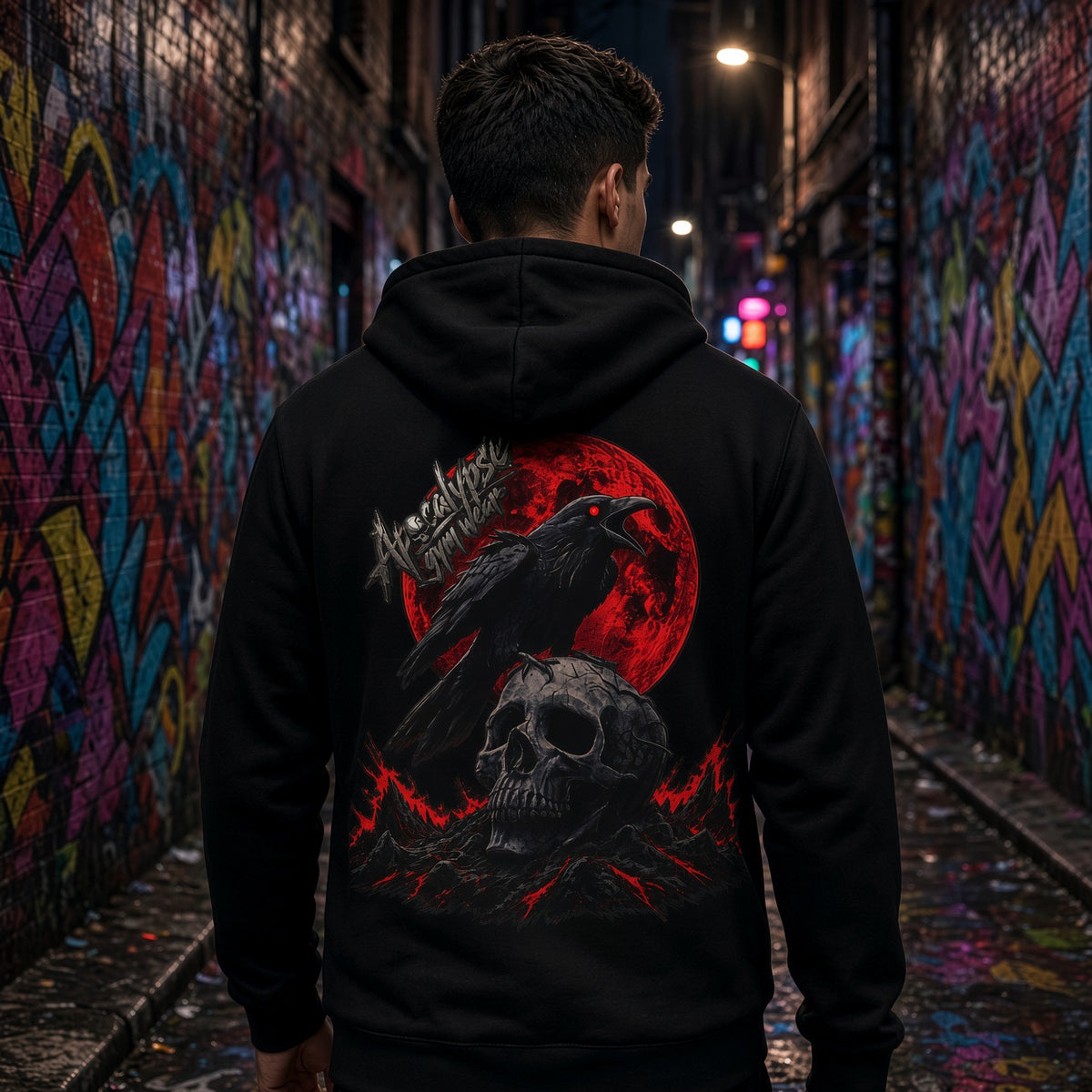 Apocalypse Gym Wear Blood Moon Raven black heavyweight hoodie back view worn by male model in a dark graffiti alley.
