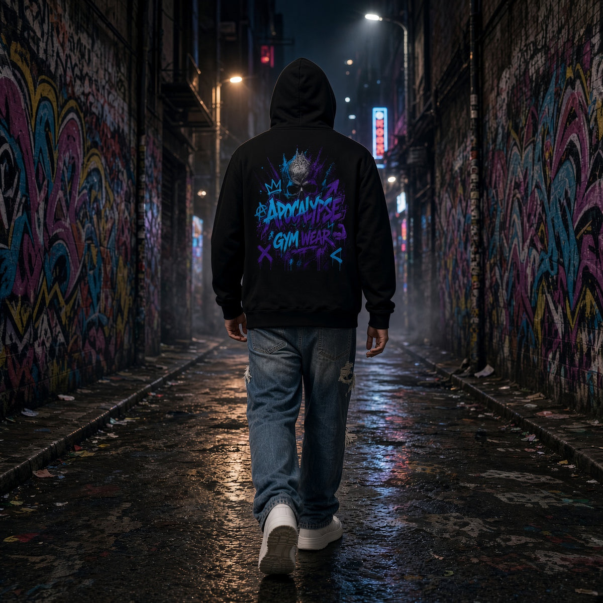 Apocalypse Gym Wear Color Riot Graffiti black heavyweight hoodie back view worn with hood up by male model in a dark alley.