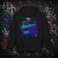 Apocalypse Gym Wear Color Riot Graffiti black pullover hoodie back view on brick wall showcasing electric cyan and purple spray artwork