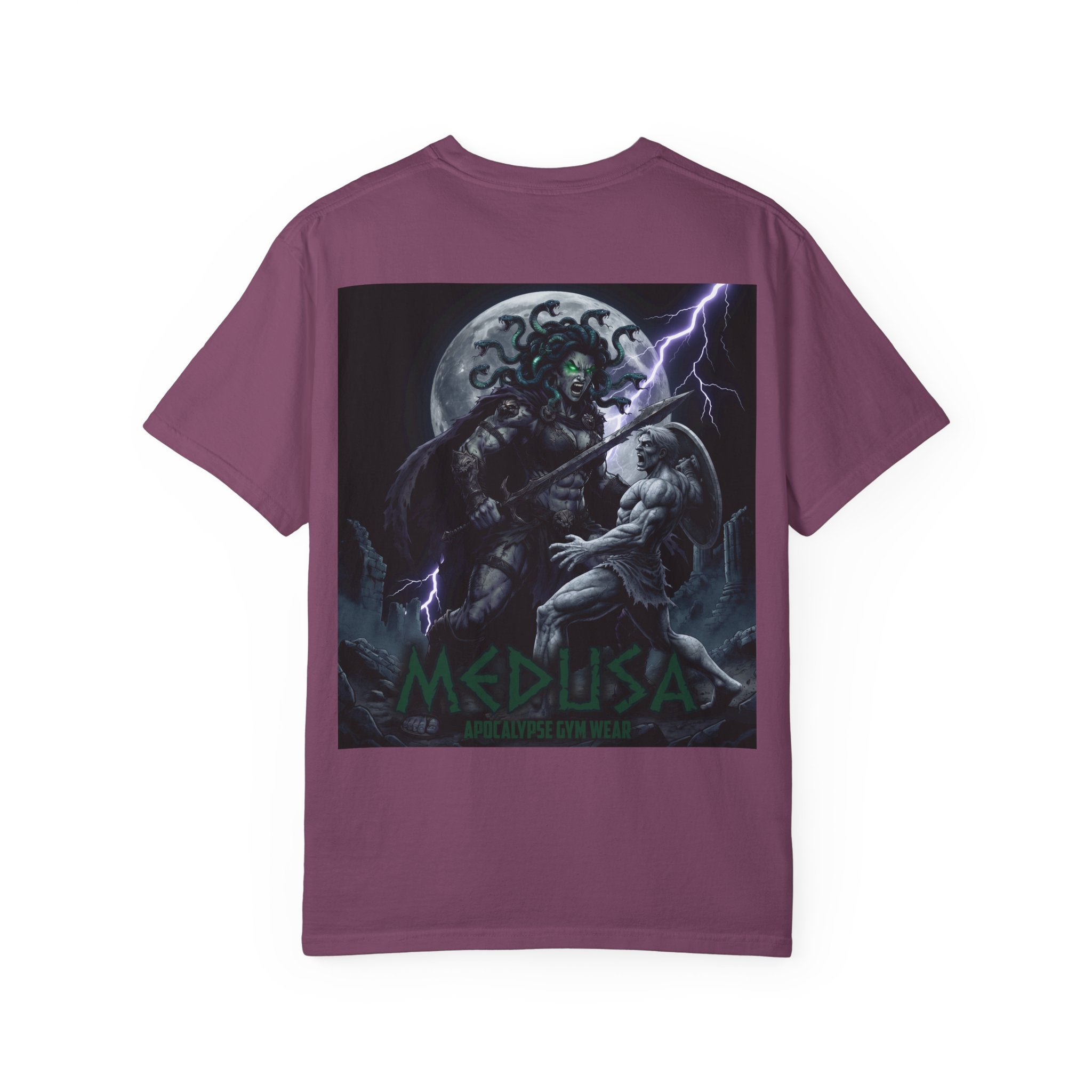 Medusa Mythology Graphic T-Shirt | Gorgon Head Lightning Back Print