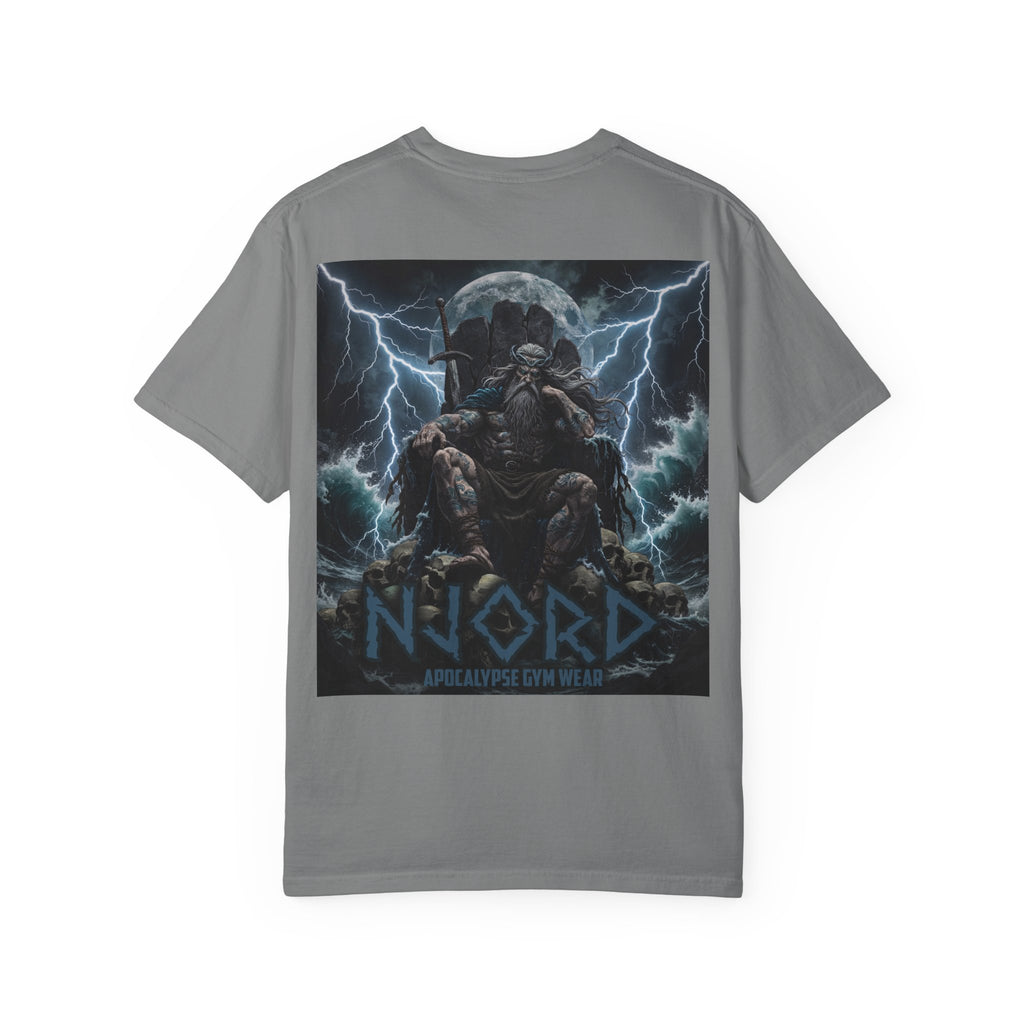 Viking Warrior Njord Throne Backprint T-Shirt | Norse Apocalypse Graphic Tee