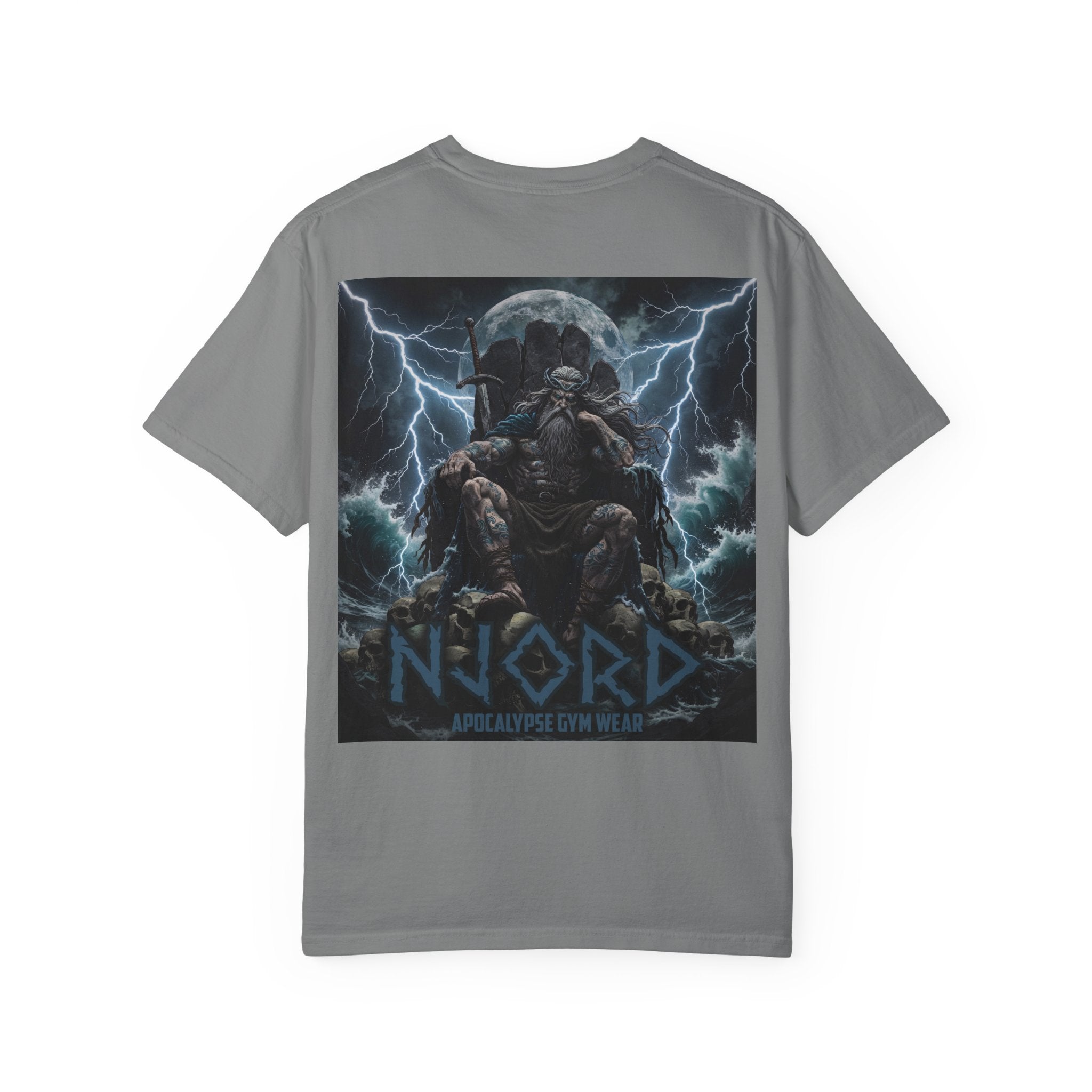 Viking Warrior Njord Throne Backprint T-Shirt | Norse Apocalypse Graphic Tee