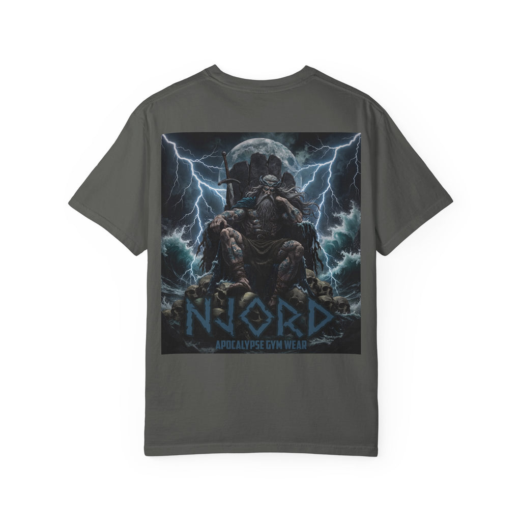 Viking Warrior Njord Throne Backprint T-Shirt | Norse Apocalypse Graphic Tee
