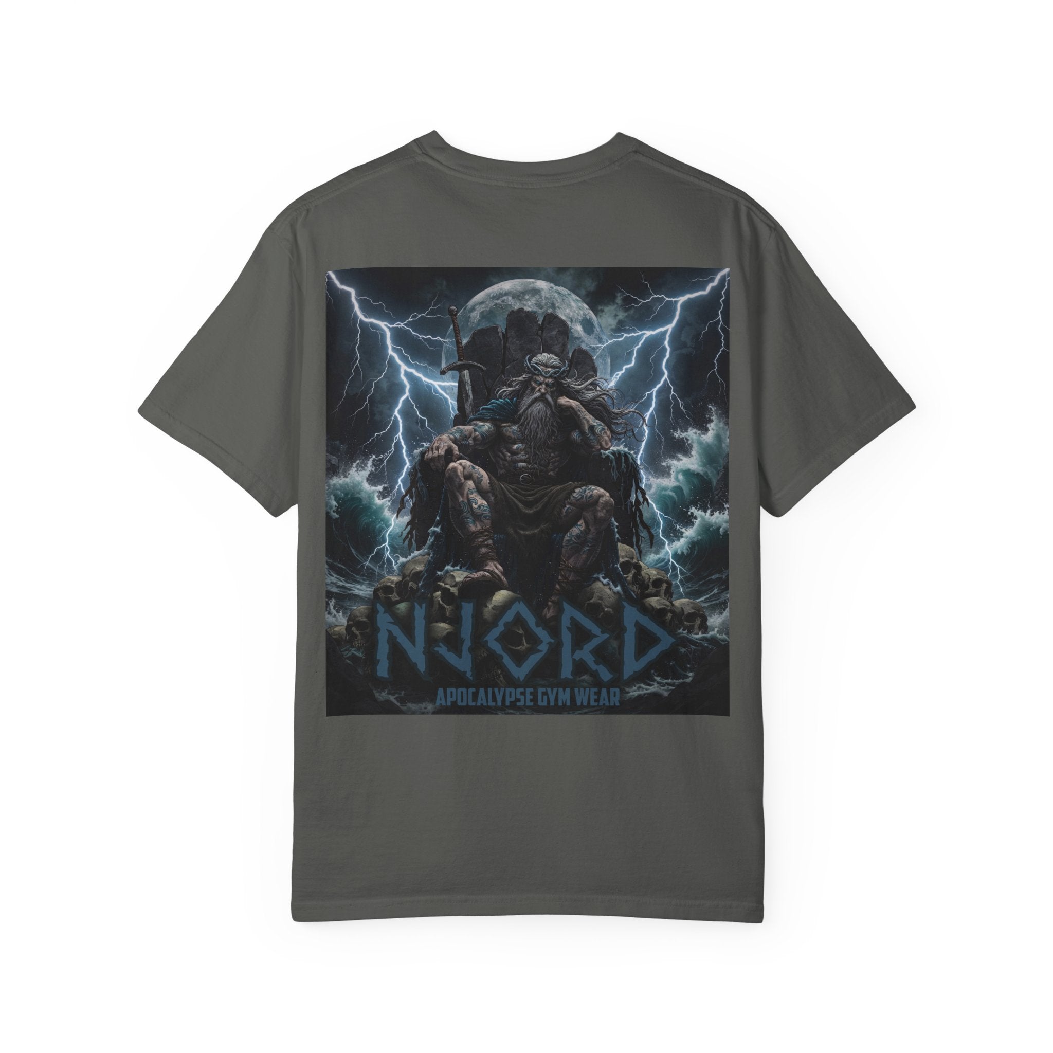 Viking Warrior Njord Throne Backprint T-Shirt | Norse Apocalypse Graphic Tee