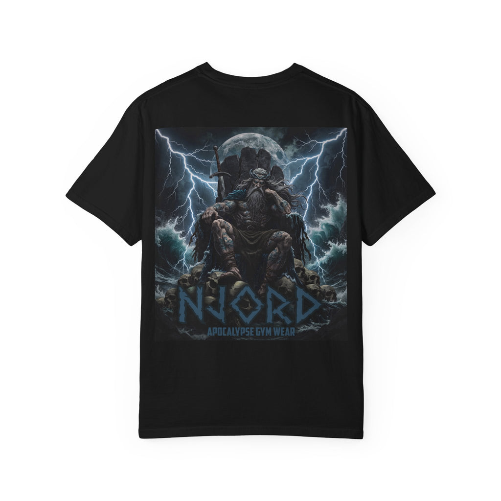 Viking Warrior Njord Throne Backprint T-Shirt | Norse Apocalypse Graphic Tee