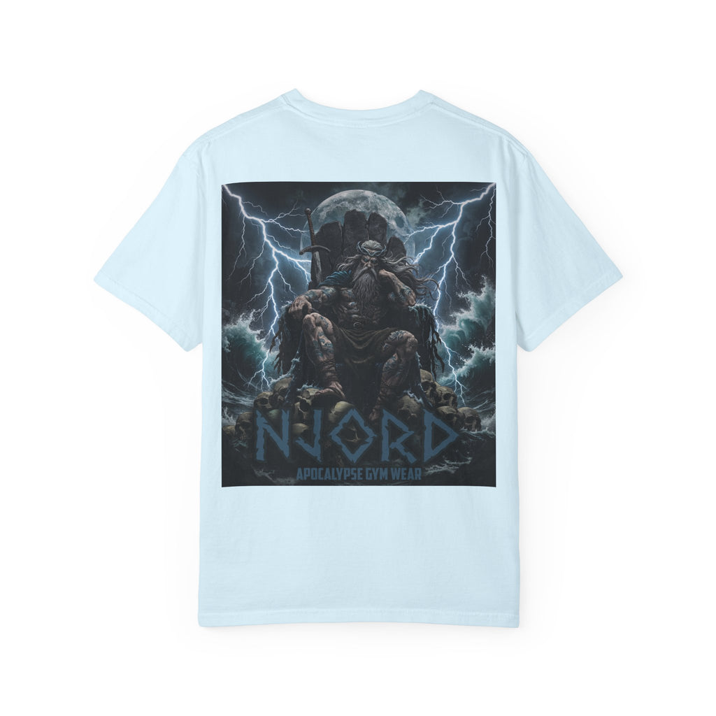 Viking Warrior Njord Throne Backprint T-Shirt | Norse Apocalypse Graphic Tee