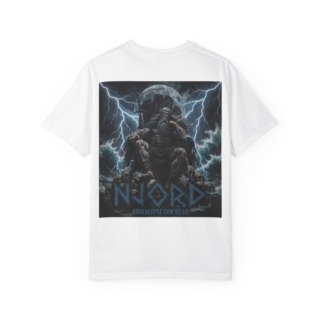 Viking Warrior Njord Throne Backprint T-Shirt | Norse Apocalypse Graphic Tee