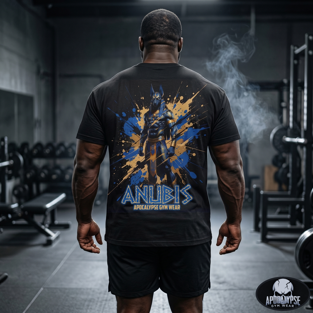 Gritty, high-contrast graphic of the Egyptian god Anubis on a vintage black heavyweight cotton t-shirt, featuring dramatic ink-wash details and sharp geometric paint splatters.