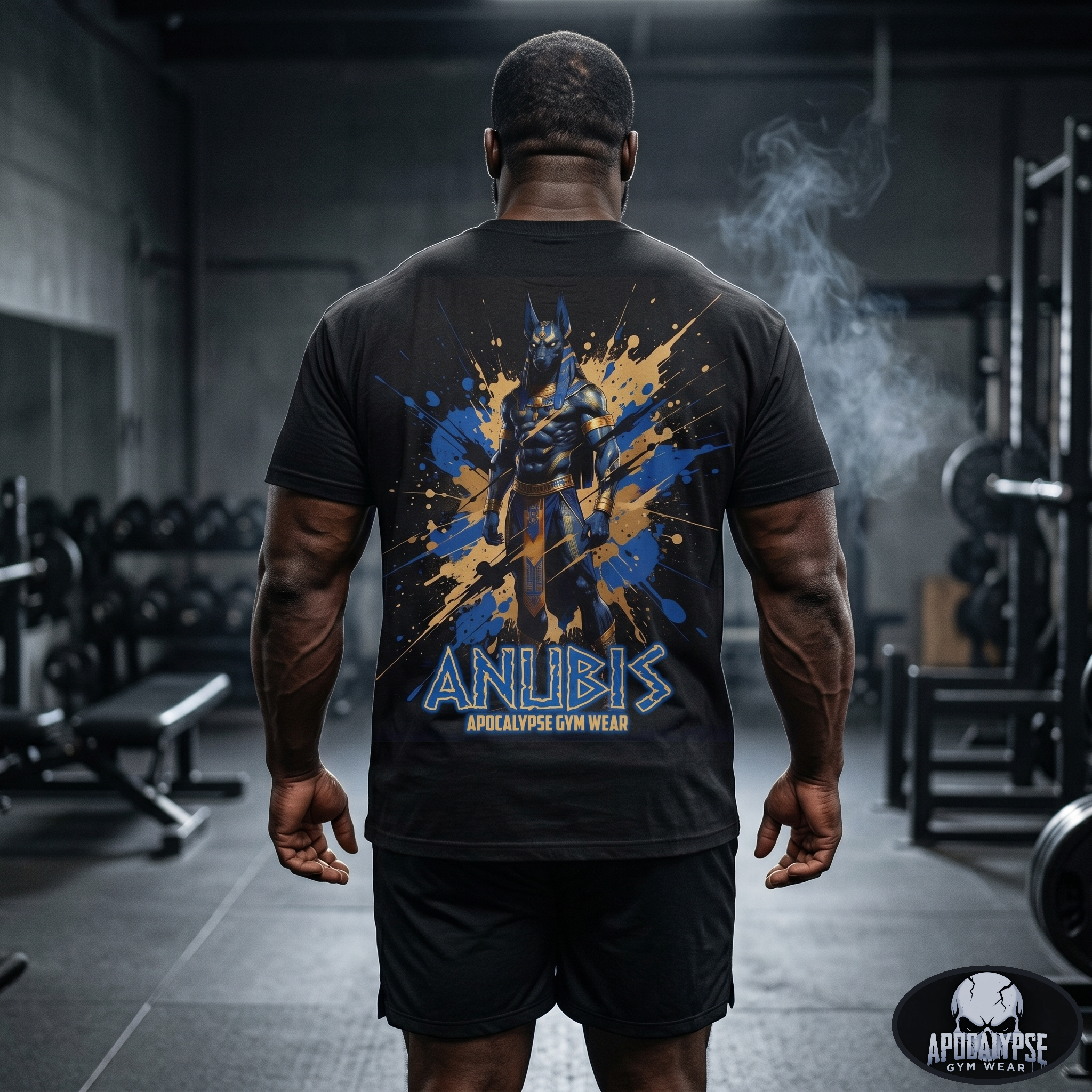 Gritty, high-contrast graphic of the Egyptian god Anubis on a vintage black heavyweight cotton t-shirt, featuring dramatic ink-wash details and sharp geometric paint splatters.
