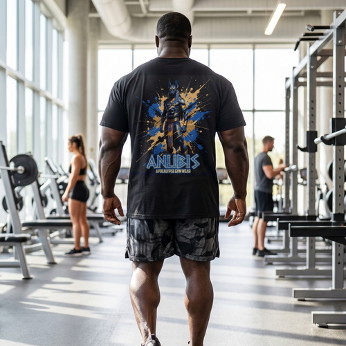 Gritty, high-contrast graphic of the Egyptian god Anubis on a vintage black heavyweight cotton t-shirt, featuring dramatic ink-wash details and sharp geometric paint splatters.