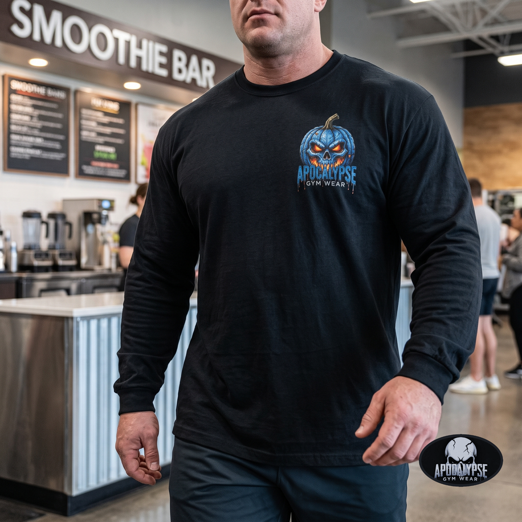 Limited Edition Blue Pumpkin Skull Halloween Long Sleeve Gym Shirt | Apocalypse Gym Wear Pump Cover