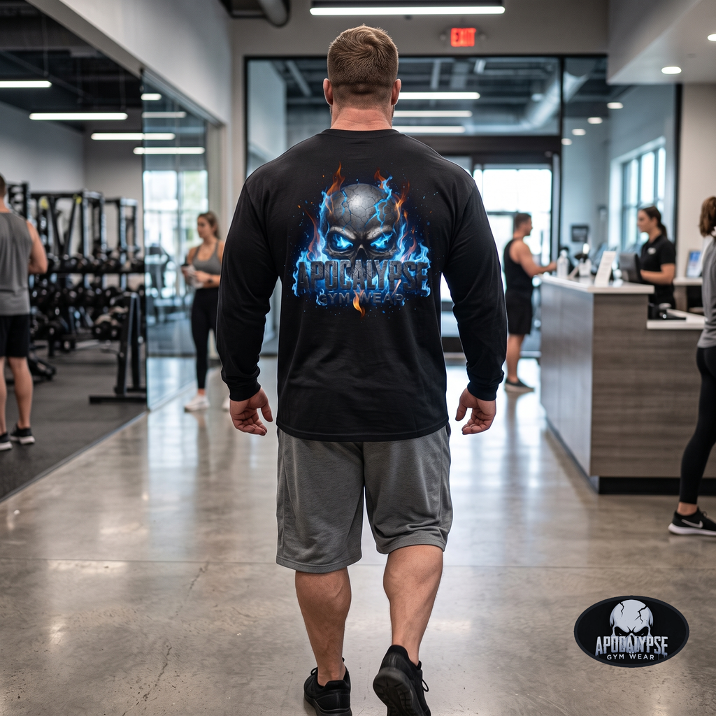 Apocalypse Gym Wear, Oversized vintage black long sleeve t-shirt pump cover featuring a premium back print of a cracked stone doom skull engulfed in electric blue and classic orange plasma flames.