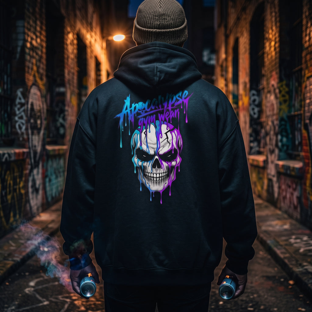 Apocalypse Gym Wear Synth Skull black pullover hoodie back view displaying full back electric cyan and magenta dripping skull graphic.