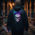 Apocalypse Gym Wear Synth Skull black pullover hoodie back view displaying full back electric cyan and magenta dripping skull graphic.