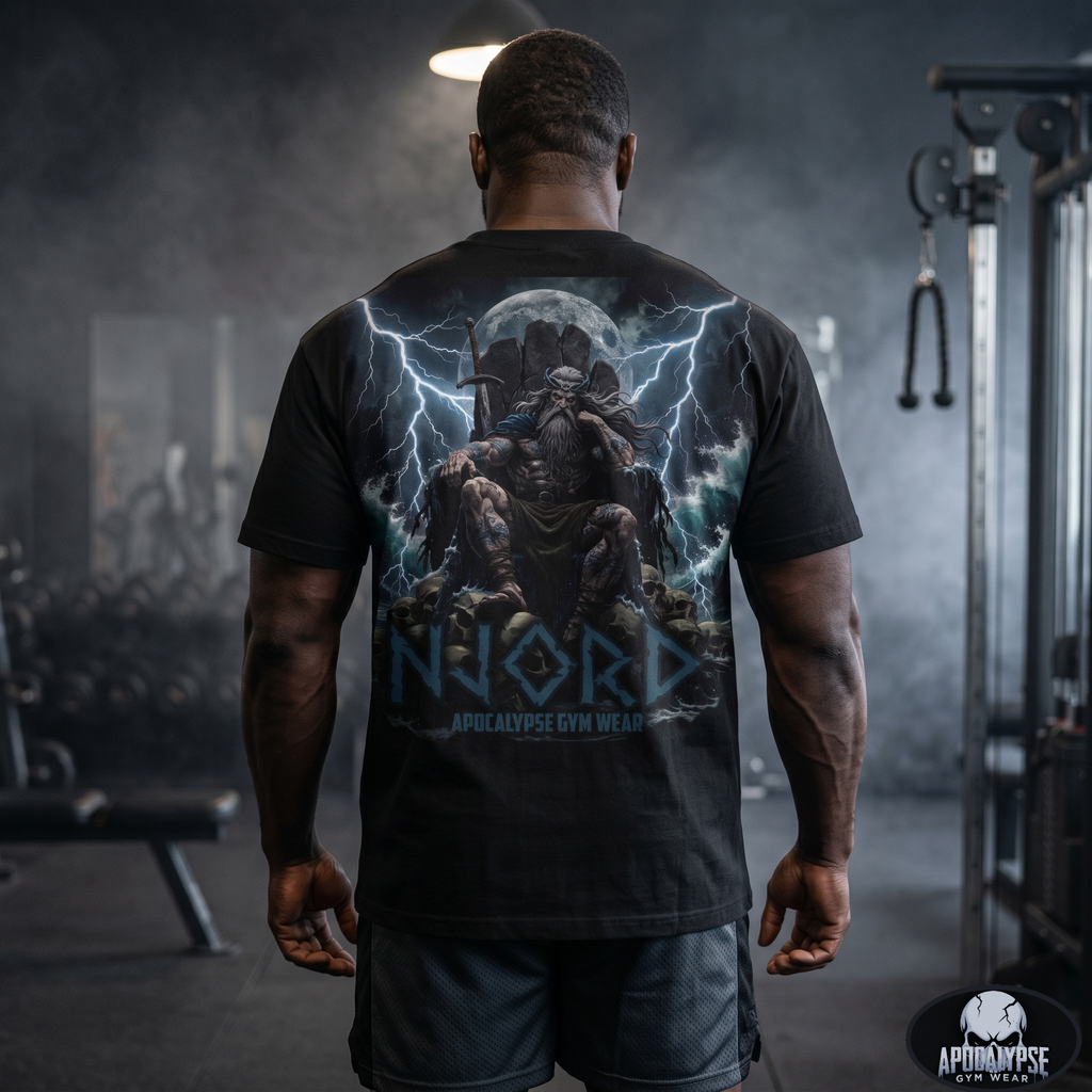 Viking Warrior Njord Throne Backprint T-Shirt | Norse Apocalypse Graphic Tee