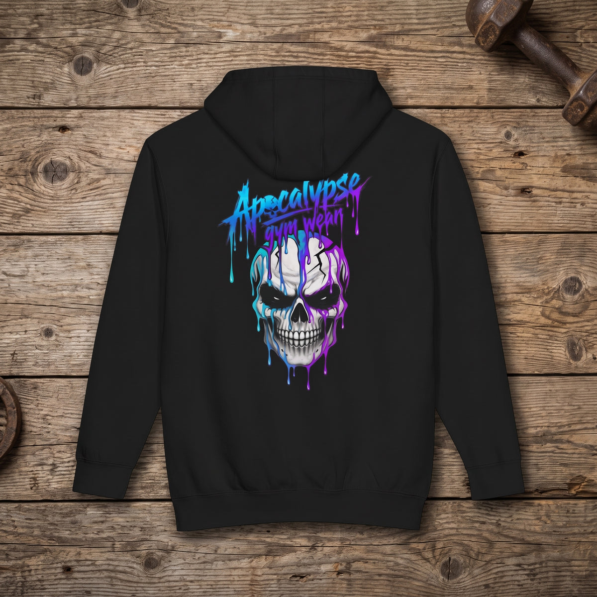 Apocalypse Gym Wear Synth Skull black pullover hoodie back view displaying full back electric cyan and magenta dripping skull graphic.