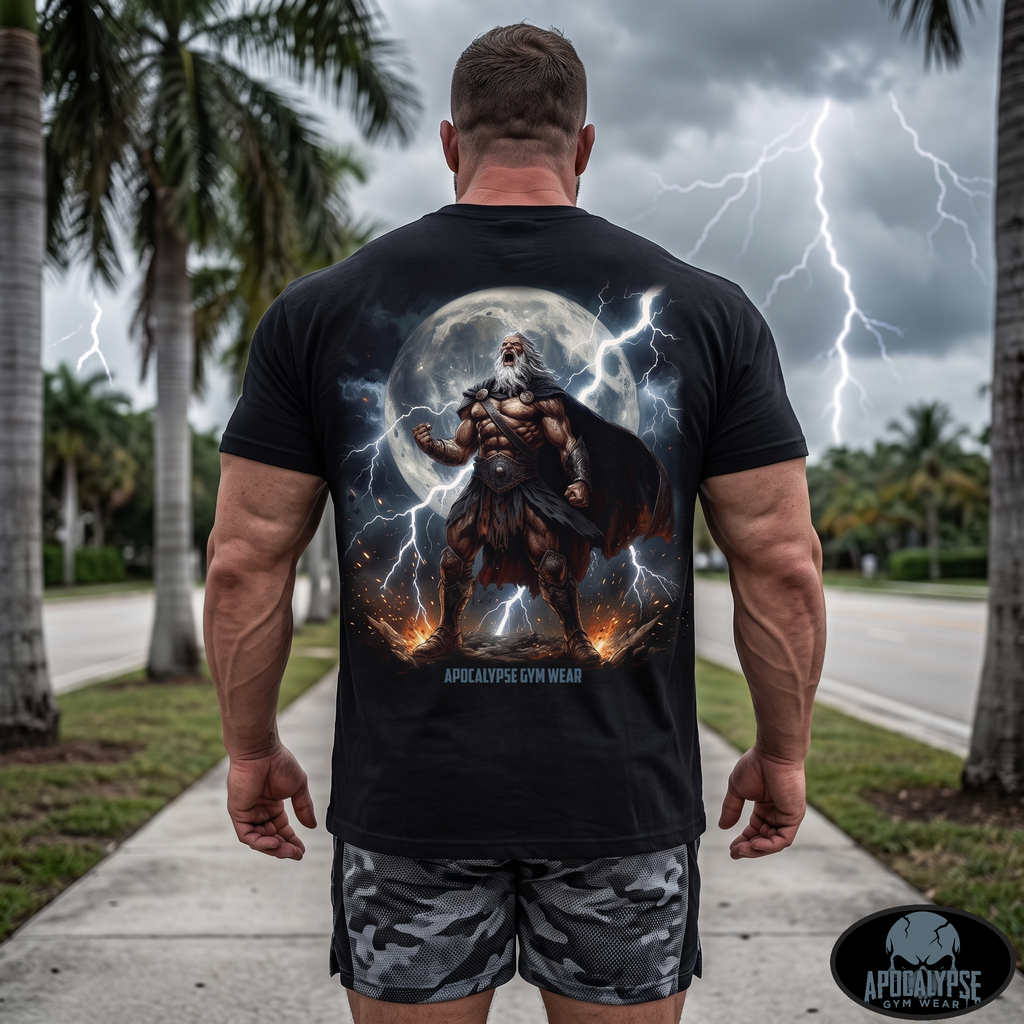 Premium boxy vintage black t-shirt featuring a massive high-contrast back print of a muscular bearded Greek god summoning lightning under a full moon with bold Apocalypse Gym Wear text across the bottom.