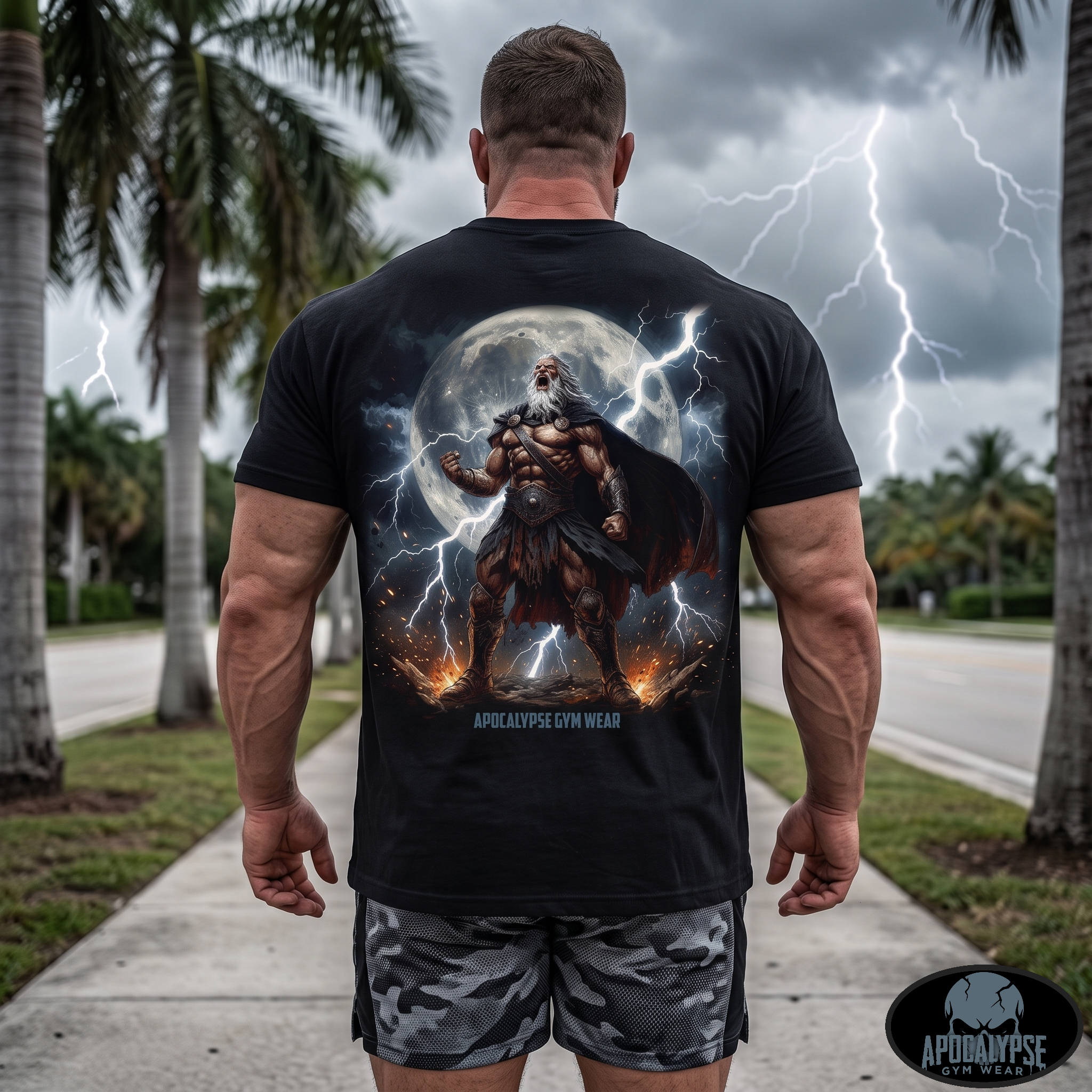 Premium boxy vintage black t-shirt featuring a massive high-contrast back print of a muscular bearded Greek god summoning lightning under a full moon with bold Apocalypse Gym Wear text across the bottom.