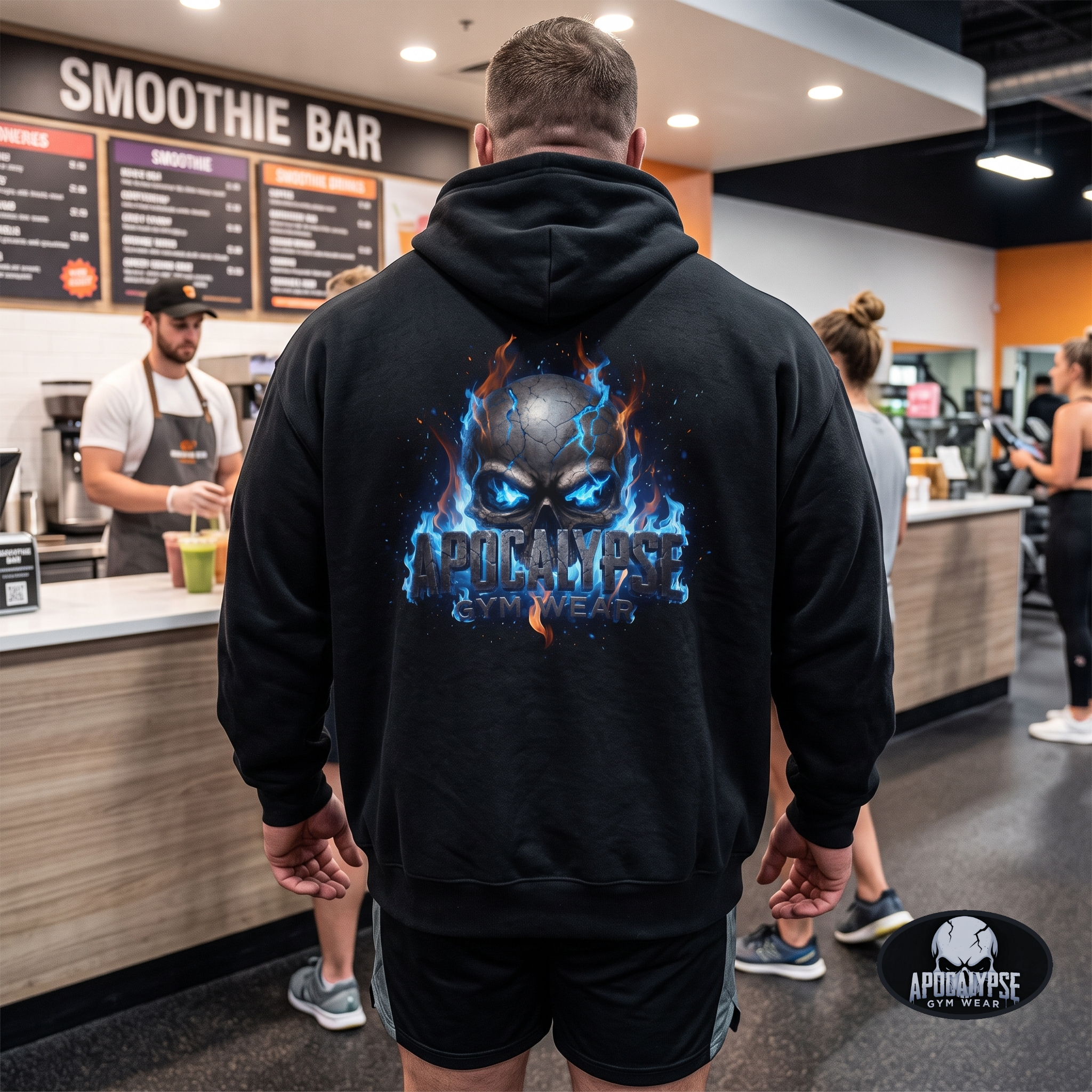 "Apocalypse Gym Wear - Hell Fire dark fantasy graphic design hoodie featuring gritty, intense fiery artwork on a black garment."