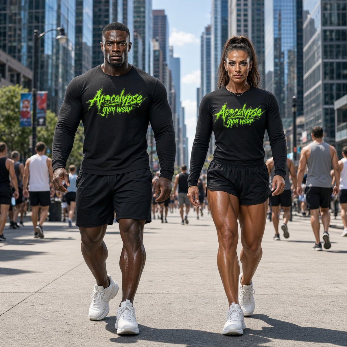 Male and female athletes wearing Apocalypse Gym Wear Toxic Green Chisel shirts walking together on a sunny city sidewalk.