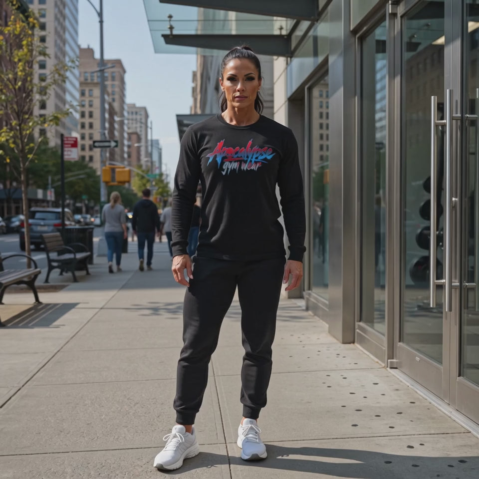Red & Blue Brush Logo Heavyweight Oversized Gym Long Sleeve Shirt | Apocalypse Gym Wear Pump Cover