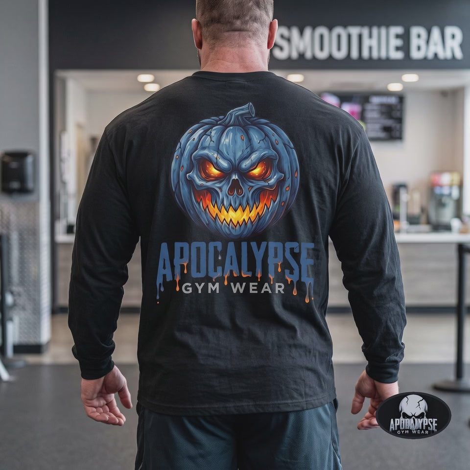 Limited Edition Blue Pumpkin Skull Halloween Long Sleeve Gym Shirt | Apocalypse Gym Wear Pump Cover