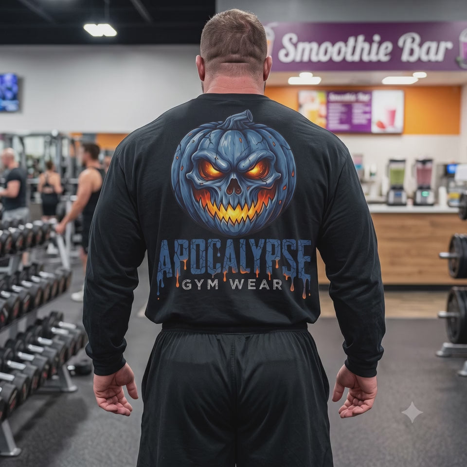 Limited Edition Blue Pumpkin Skull Halloween Long Sleeve Gym Shirt | Apocalypse Gym Wear Pump Cover