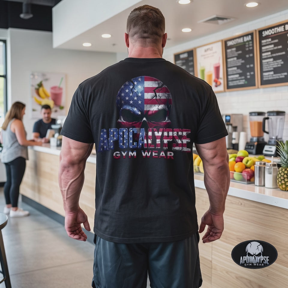 Patriotic American Flag Skull Heavyweight Gym T-Shirt | Apocalypse Gym Wear Pump Cover