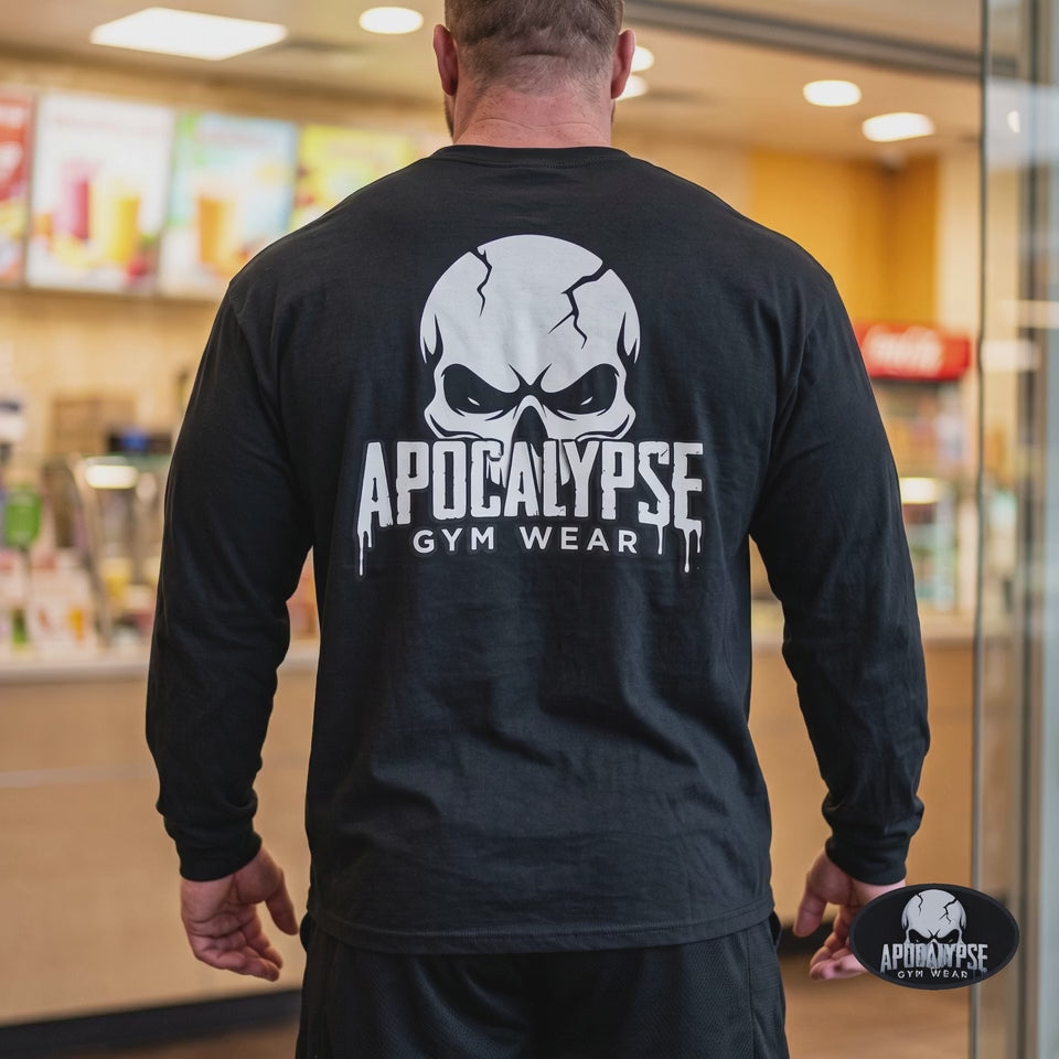 White Skull Logo Heavyweight Long Sleeve Gym Shirt | Apocalypse Gym Wear Pump Cover