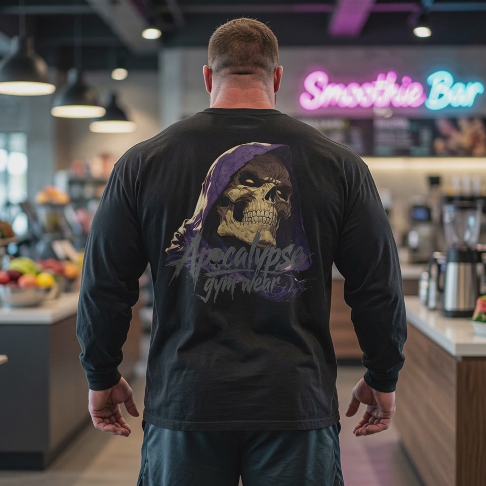 Hooded Skull Heavyweight Long Sleeve Gym Shirt | Apocalypse Gym Wear Pump Cover